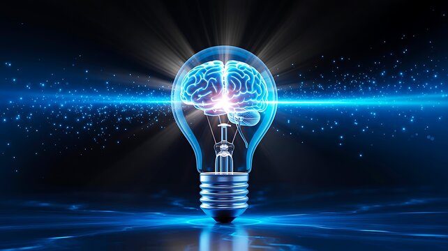 Artificial intelligence brain inside glowing futuristic light bulb