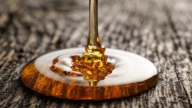 A close-up, high-angle shot shows honey dripping onto a rustic wooden surface, creating a satisfying circular ripple effect