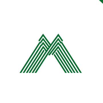 Green geometric letter M mountain logo with parallel lines.