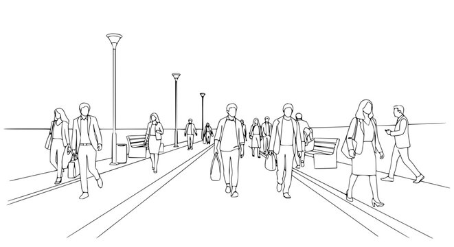 Sketch of People Walking on a Pier with Benches and Lampposts