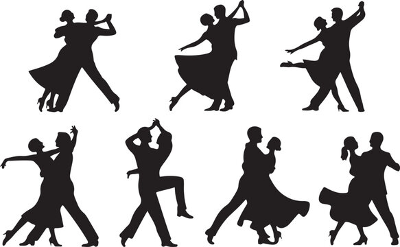 Silhouettes of romantic couple isolated on white background collection set. Happy couple dancing together vector silhouette set
