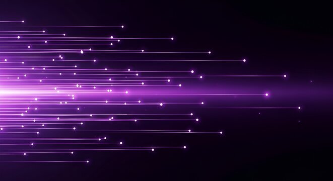 Purple light streaks and particles moving fast across a dark background, abstract digital data stream, technology and network concept, motion blur effect, futuristic motion graphics