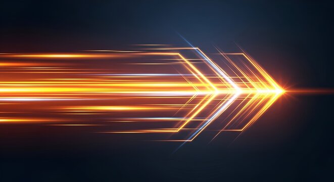Abstract glowing orange and blue light trails forming an arrow shape, motion blur effect, futuristic speed concept, digital art for technology and data transfer backgrounds