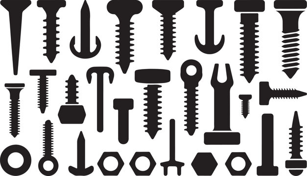 Silhouettes of wall plugs, bolts, nuts and screws