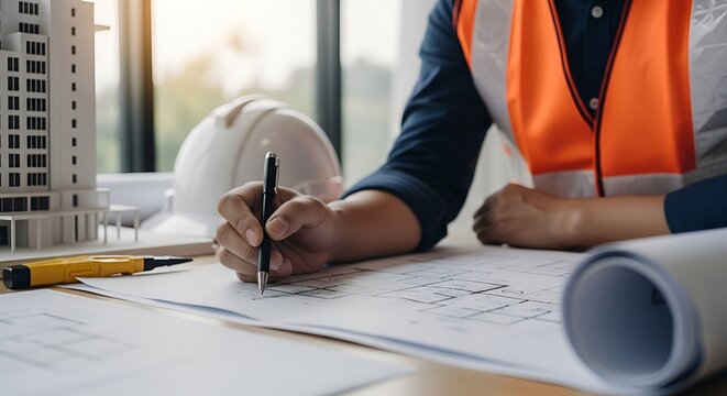 Architectural Engineer reviewing blueprints and construction plans on a desk with a building model and safety helmet, close-up on hands holding a pen, professional engineering workspace.