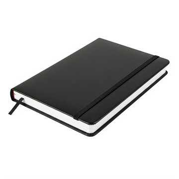 Sleek black composition notebook with elastic closure isolated on transparent background