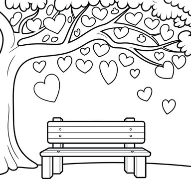 Black and white line of a park bench under a tree decorated with hanging heart shapes