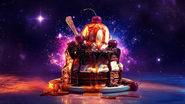 Gourmet Chocolate Brownie Dessert with Vanilla Ice Cream and Melting Caramel Syrup Surreal Interstellar Galaxy Background Cinematic Food Illustration