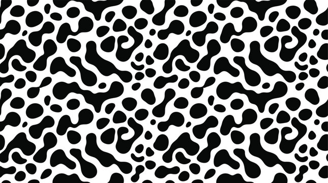 Seamless pattern with black amoeba-like organic shapes and dots on a white background, for textile and