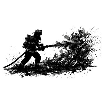 Firefighter spraying water to extinguish fire ink splash illustration.