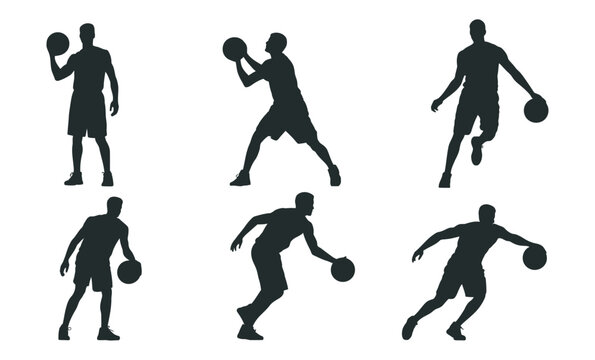 Silhouettes of basketball players in various action poses, dribbling, shooting and dunking movements, sports athletic motion, vector illustration