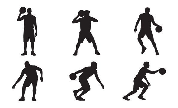 Silhouettes of basketball players in various action poses, dribbling, shooting and dunking movements, sports athletic motion, vector illustration