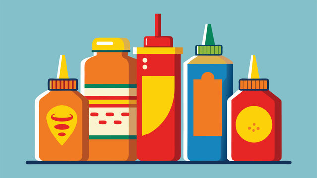 Set of various condiment bottles featuring sauce and mustard for fast food meals.
