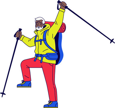 Illustration of a hiker in jacket and pants with huge backpack, celebrating success with raised arms and trekking poles. Ideal for achievement, adventure, or motivational themes and senior vacation.