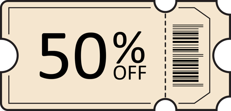 A retro inspired coupon ticket in beige with brown border, bold text, and barcode. Ideal for sales promotions, print vouchers, or digital discount assets.