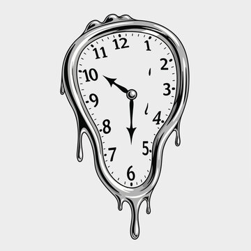 Melting clock face with black hands and numbers on white background