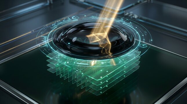 Sustainable finance system concept with glowing circuit board and futuristic technology interface