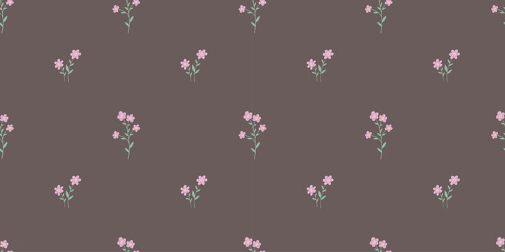 Seamless simple pattern with tiny pink flowers on dark brown background. Vector ditsy print for textiles, wallpaper, and fabric design