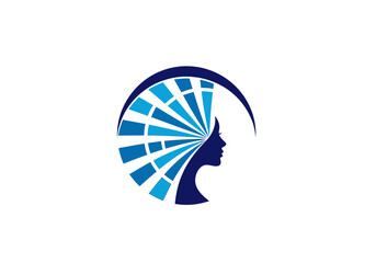 Native American woman profile portrait in blue circle. © ikk