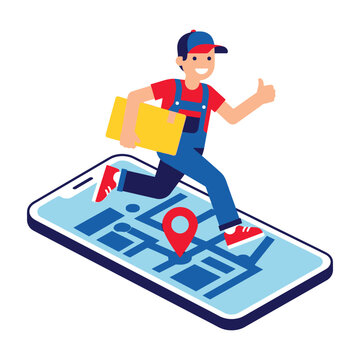 Delivery man on smartphone map running with package