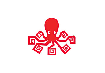 Red octopus logo with geometric spiral pattern tentacles design. © ikk
