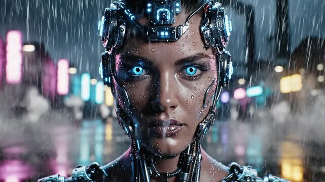 Cybernetic female android standing in rainy futuristic neon city