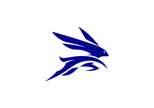 Stylized blue running rabbit logo with dynamic lines.