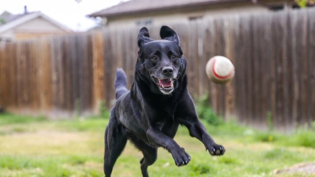 Black dog bounding forward chasing ball in backyard
