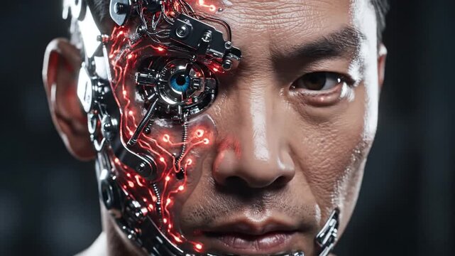 Cybernetic human eye with glowing red circuits and mechanical parts