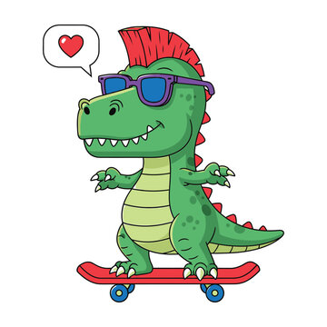Cool green dinosaur on skateboard with sunglasses and mohawk