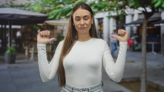 Woman points thumbs at her chest on a street cafe scene, wearing white long sleeves and jeans; confidence self esteem identity.
