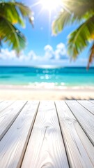 Fototapeta premium A serene beach scene with a wooden deck and palm trees