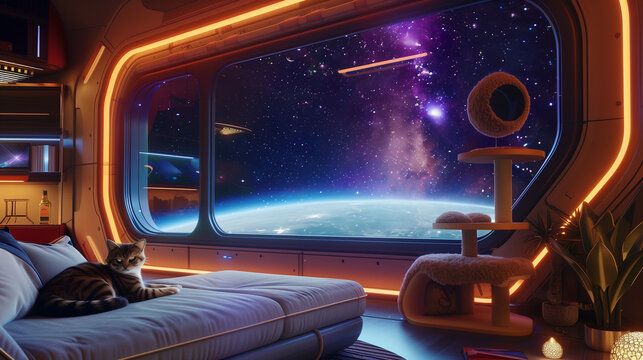 Peaceful futuristic space lifestyle with fluffy cats and cozy interior, 4K resolution