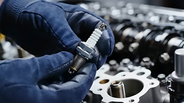 Mechanic in blue gloves removing a spark plug from a car engine. Close-up of technician performing routine engine maintenance and inspection. Automotive repair and tune-up service concept.
