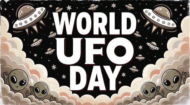 Colorful world ufo day celebration poster with flying saucers and cute aliens in space theme