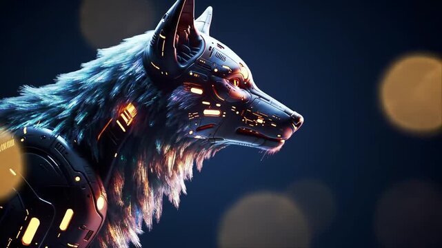 Cybernetic wolf with glowing mechanical parts in dark futuristic setting