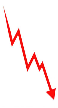 Sharp downward zigzag arrow symbolizing decline or reduction isolated on transparent background