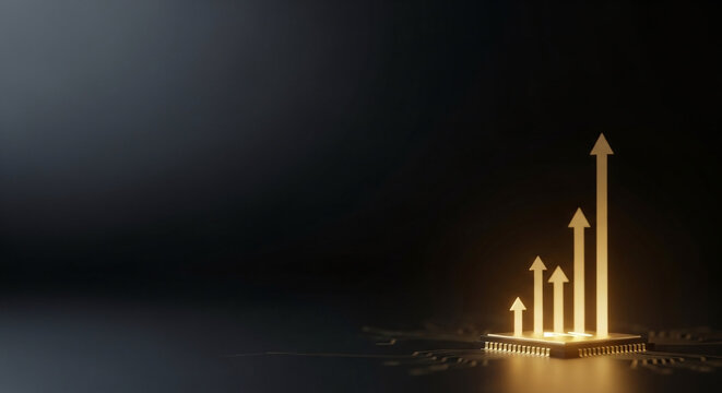 Artificial Intelligence processor chip with glowing golden upward arrows symbolizing financial growth and high technology performance in a dark minimalist setting.
