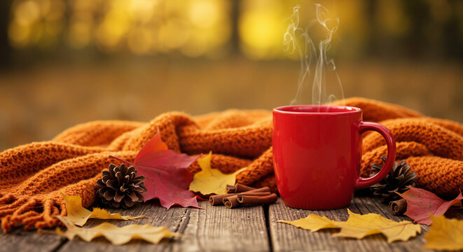 Cozy red mug with steaming drink on wooden table in autumn  
