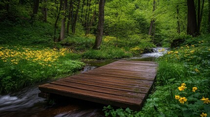 Fototapeta premium Lush forest creek path. Wooden walkway over flowing water