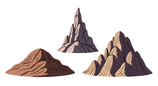 Collection of various mountain peak illustrations featuring different geological structures, textures, and heights in a minimal style.