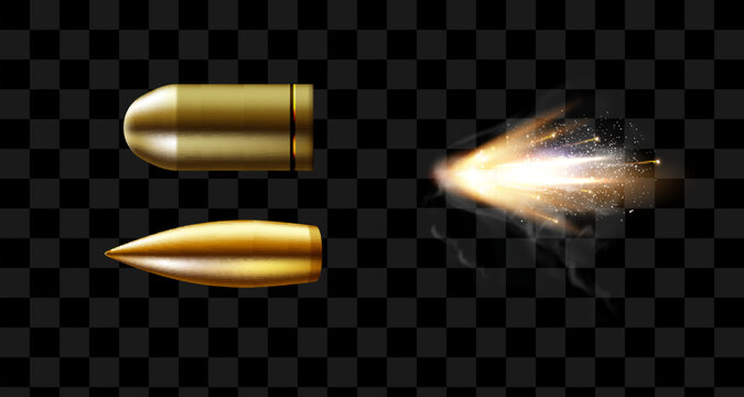 Gunshots, bullet in motion, military smoke trails. Realistic flying bullet in motion. Smoke traces isolated on transparent background. Handgun shoot trails.
