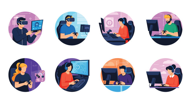 Diverse group of professional gamers and streamers engaged in online video games and virtual reality experiences.