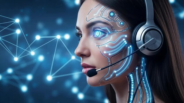Cyborg woman with glowing neural interface and headset