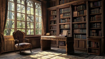 Fototapeta premium Interior of study. Ornate chair, window, and bookshelves create a scholarly atmosphere