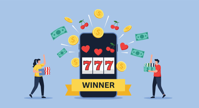 Celebration of a mobile gambling winner with a smartphone slot machine showing triple sevens and people with cash.