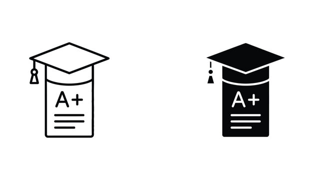 Graduation cap with A plus grade symbol icon set in outline and solid black style for academic achievement