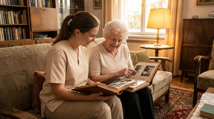 Fototapeta premium Woman and elderly lady looking at photos