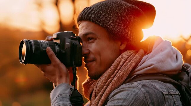 a young man shooting with a Canon SLR camera looking away into the Sun as he takes a wonderful picture. It&rsquo;s for a photography website so he&rsquo;s a photographer on a trip,
