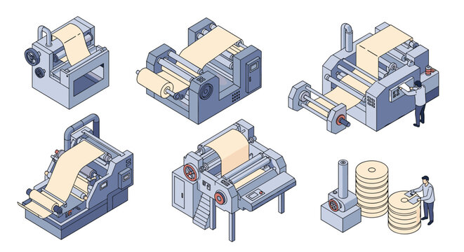 Isometric illustration of complex paper mill machinery and production lines with workers for industrial projects.